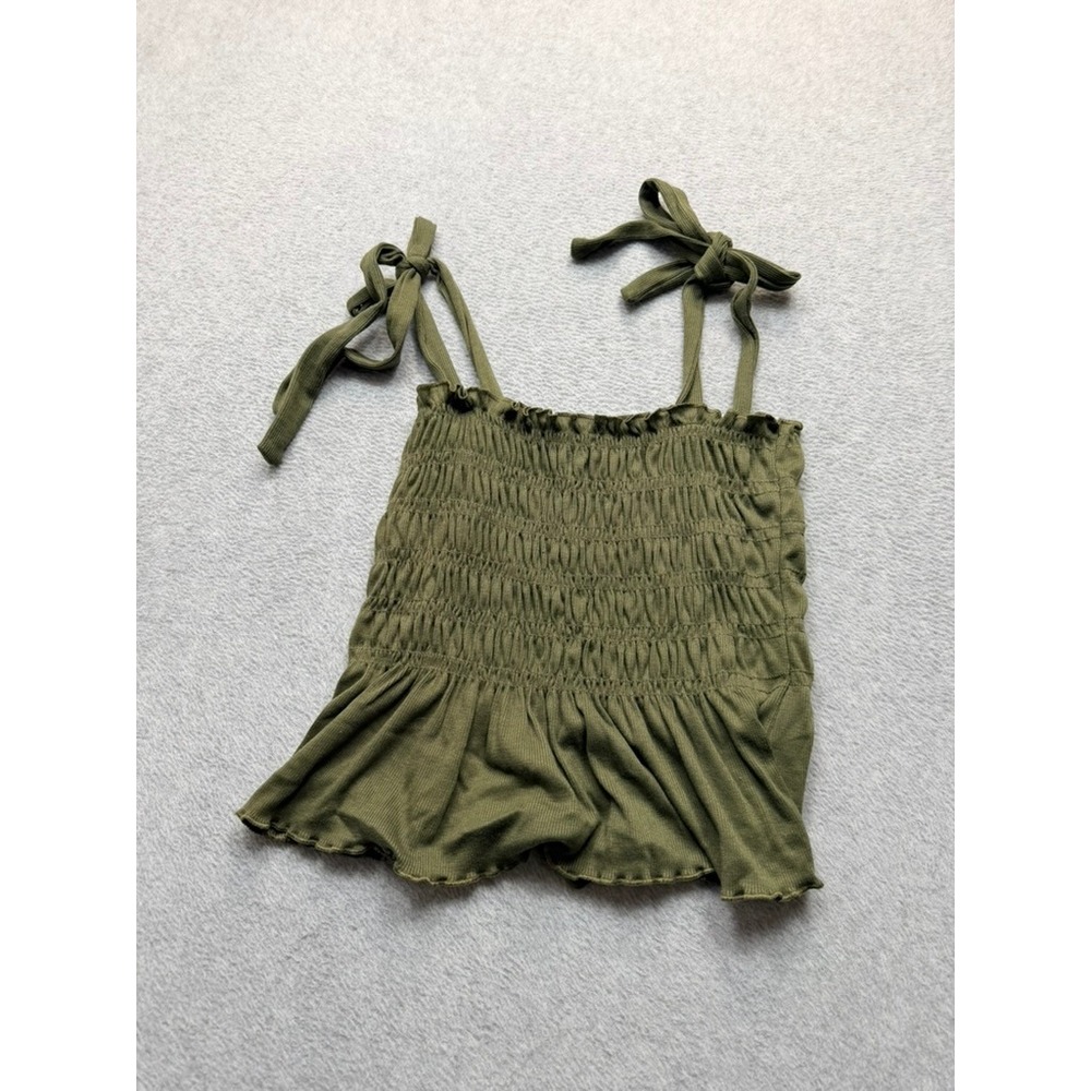 Olive Green Smocked Cami Top Tie Shoulder Ribbed Lettuce Trim Peplum Boho